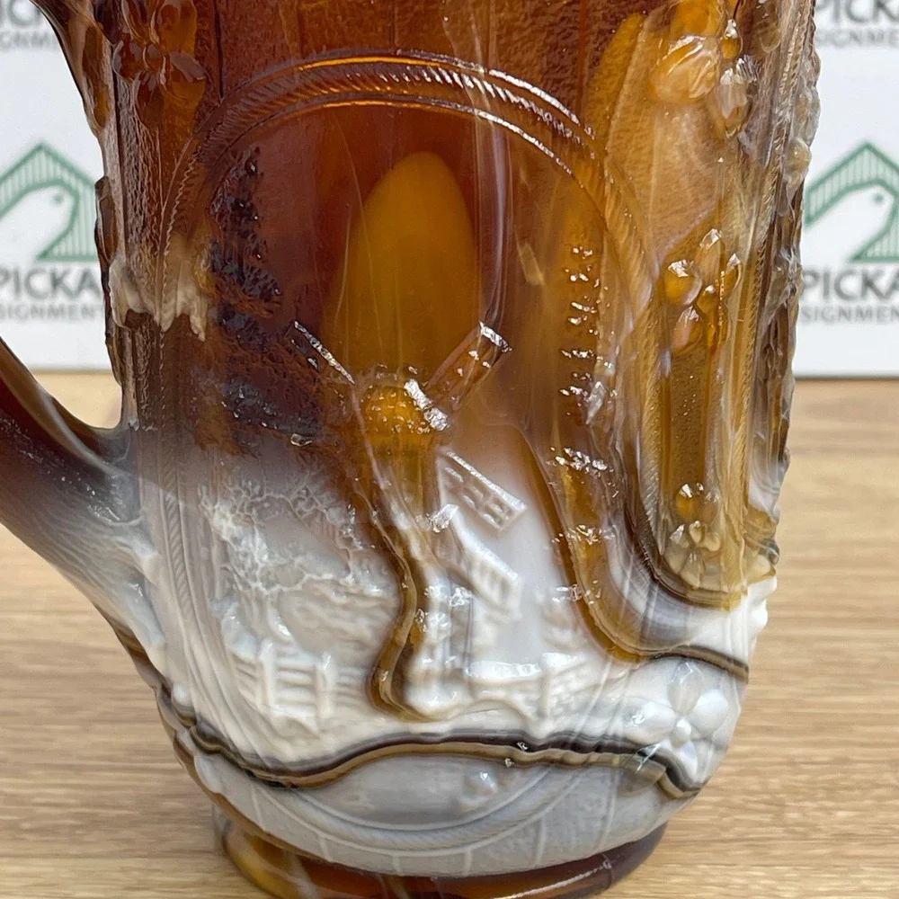 Imperial Glass Chocolate Slag Windmill Pitcher Brown White Marbled Vintage 5.5in